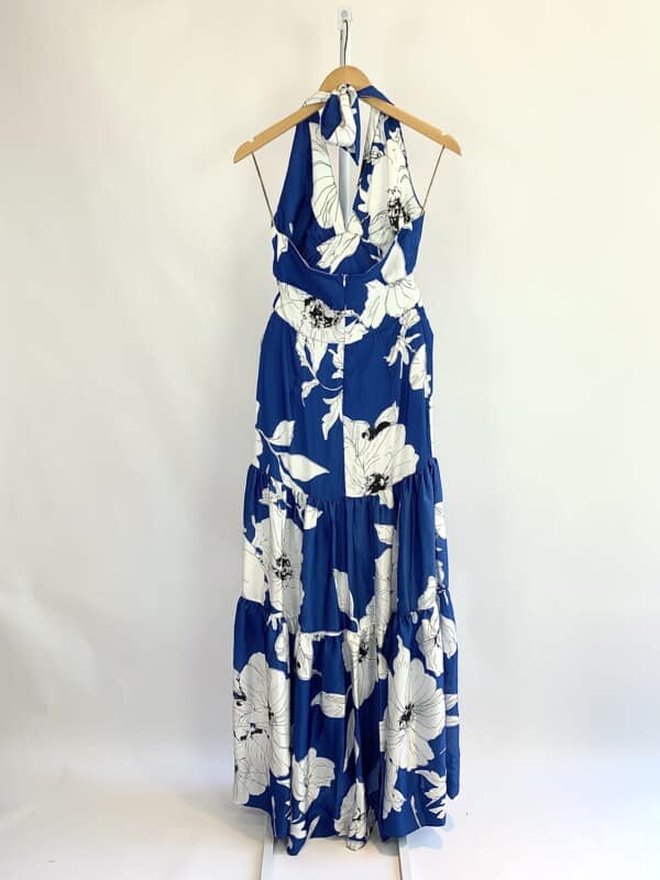 Vestido Longo Acetinado Frente Nica Azul Estampa Floral Branca Agilit