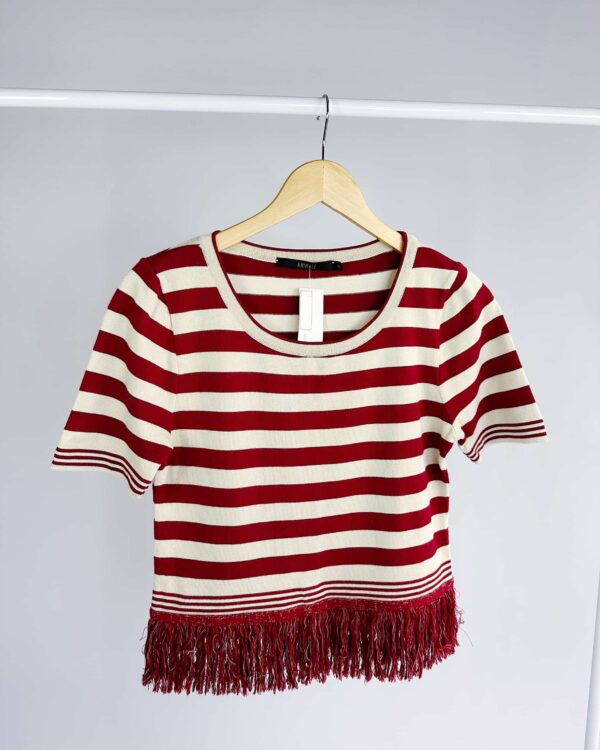 Cropped de tricot listrado vinho e off-white com franjas na barra ANIMALE - M