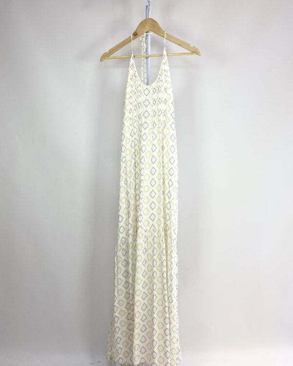 Vestido longo off-white frente única com estampa traços verde e cinza TOTEM - P