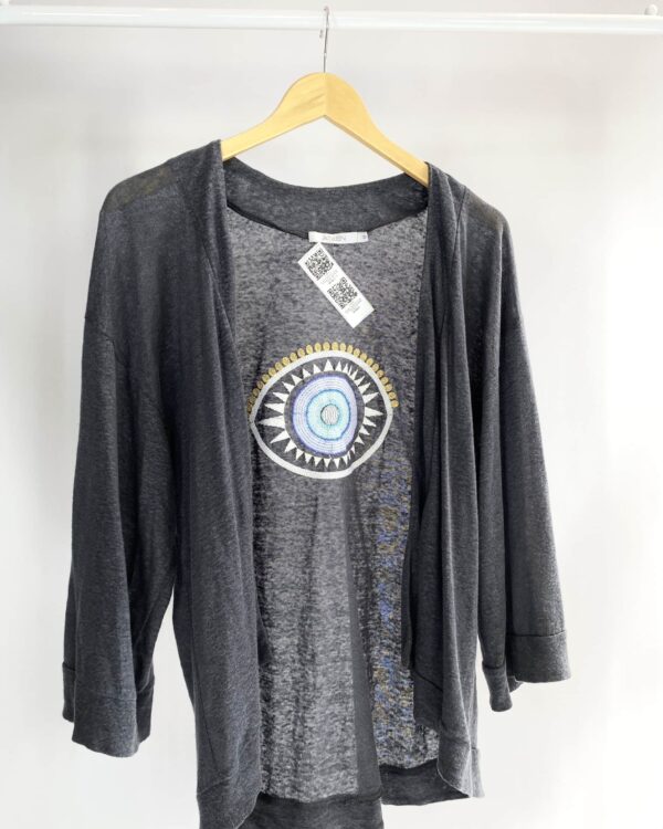 Kimono malha linho cinza bordado olho nas costas ATEEN - M