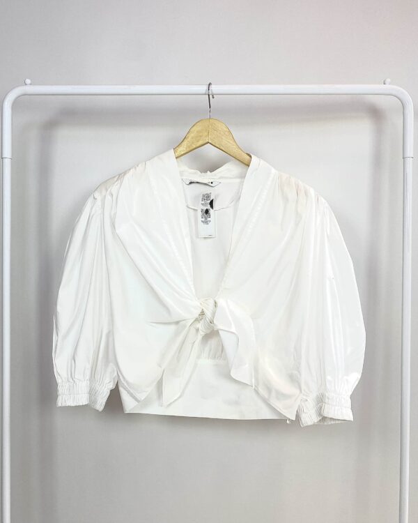 Blusa algodão branca manga bufante e nó frente ZARA - G