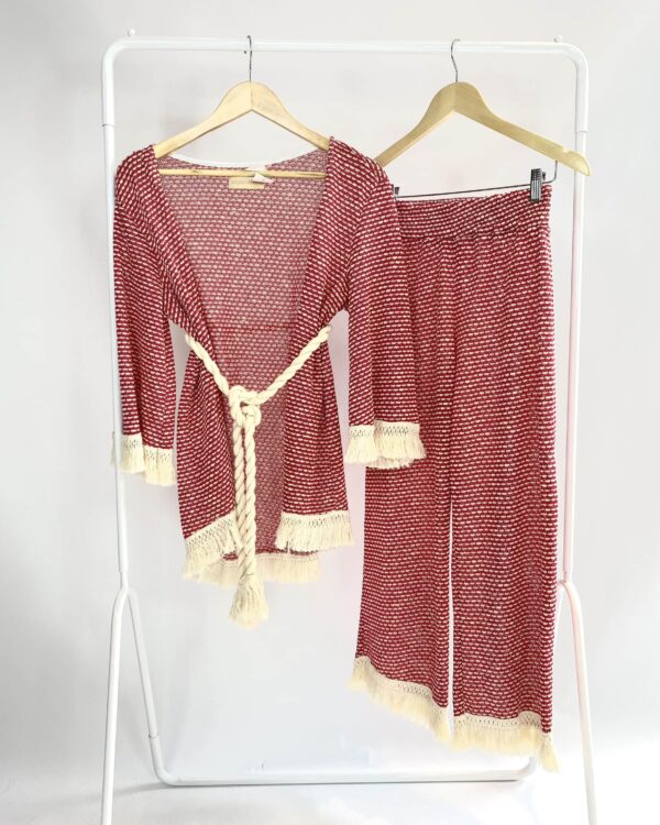Conjunto calça e kimono tricot vermelho e off ACQUAMARINA - P