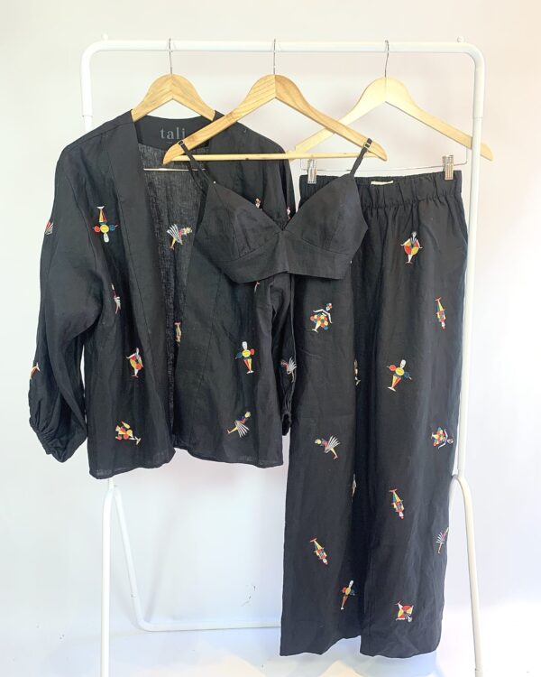 Trijunto linho kimono calça e cropped preto  TALI - ÚNICO