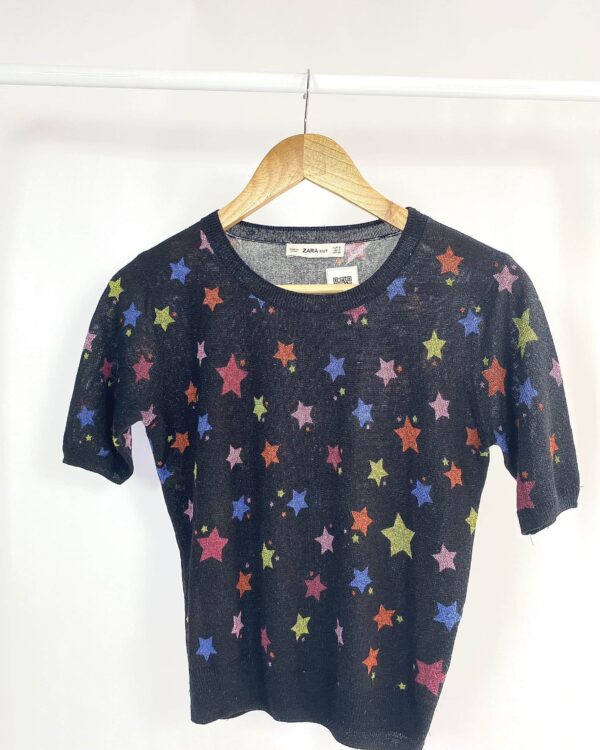 Blusa tricot preta estrelas coloridas e fios de lurex ZARA - P