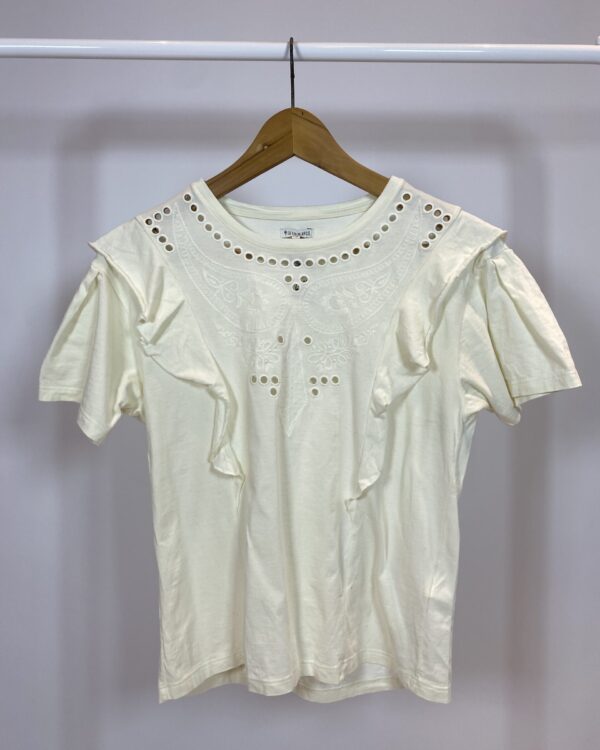 T-shirt algodão off com babado e rechilieu na gola LE LIS BLANC - M