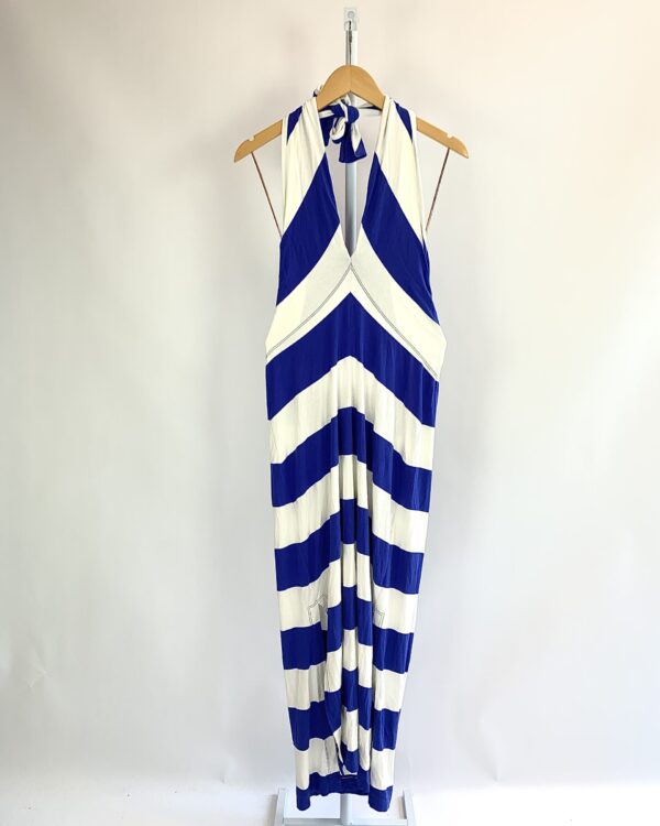 Vestido midi listrado off e azul frente única A.BRAND - P - VENDIDO SISTEMA OTO