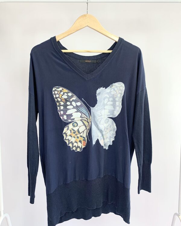 Blusa tricot manga longa azul marinho frente seda estampa borboleta ANIMALE - P - vendido siste oto