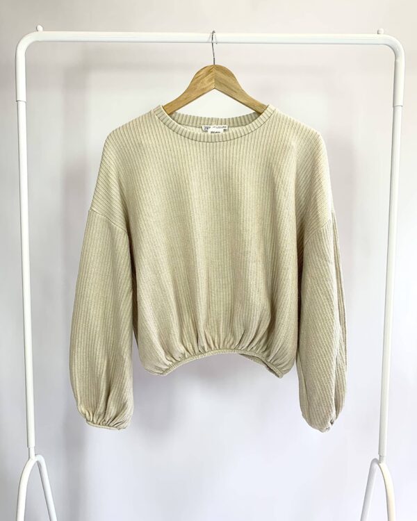 Blusa tricot canelada bege com mangas bufantes ZARA - P - VENDIDO SISTEMA OTO