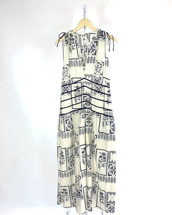 Vestido longo bege com laise azul marinho CRIS BARROS - 42