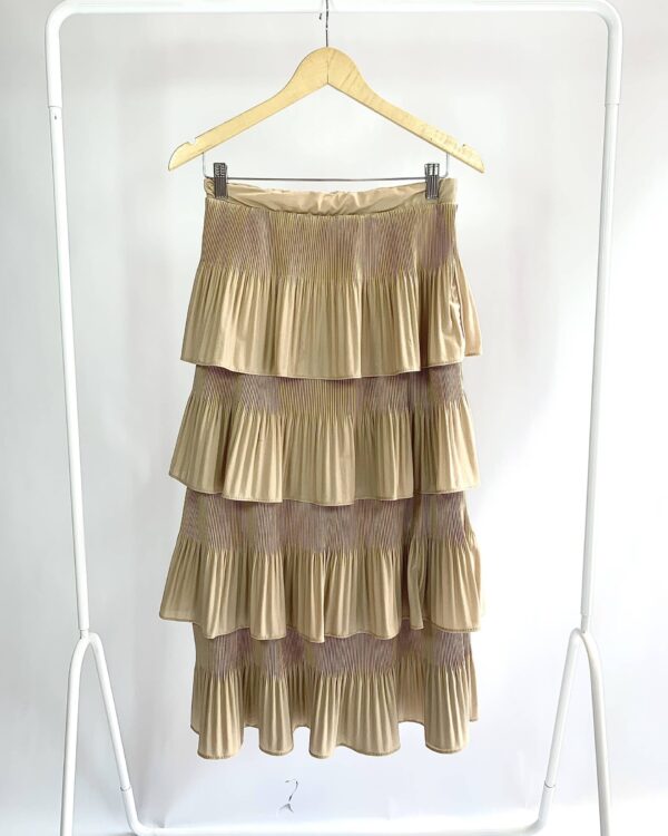 Saia midi bege com babado e detalhes drapeados - M - VENDIDO SISTEMA OTO