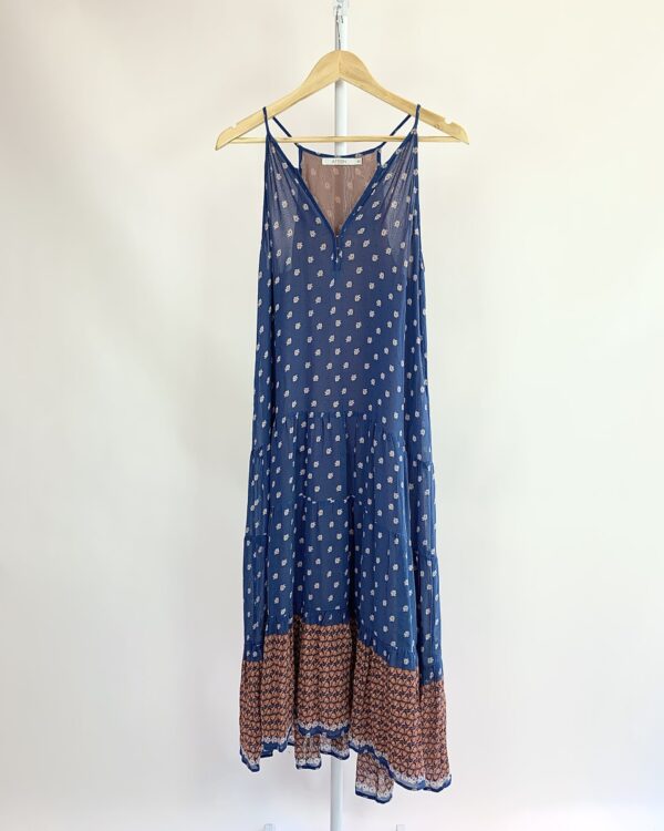 Vestido midi seda alcinha azul estampa florida barra laranja ATEEN - 40