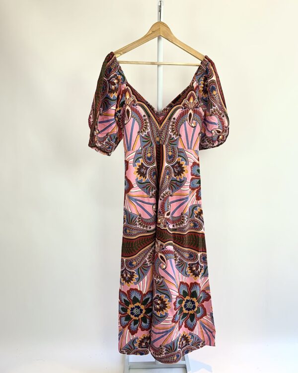 Vestido midi linho rosa estampa paisley tropical FARM *nunca usado* - G - VENDIDO SISTEMA OTO