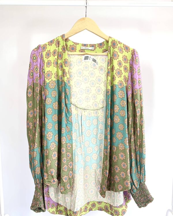 Kimono manga longa lastex verde estampa flores lilás DRESS TO - P