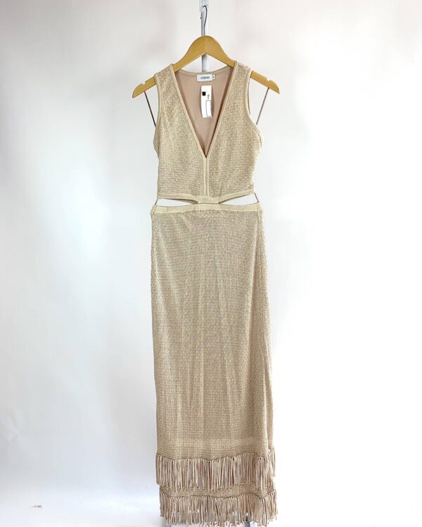 Vestido longo bege de tricot com franja na barra MEERK RESORT - M - VENDIDO SIST OTO