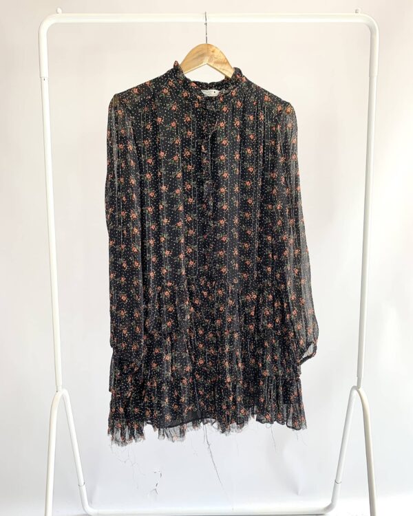 Vestido curto preto com estamp e fios de lurex e babado ZARA - GG