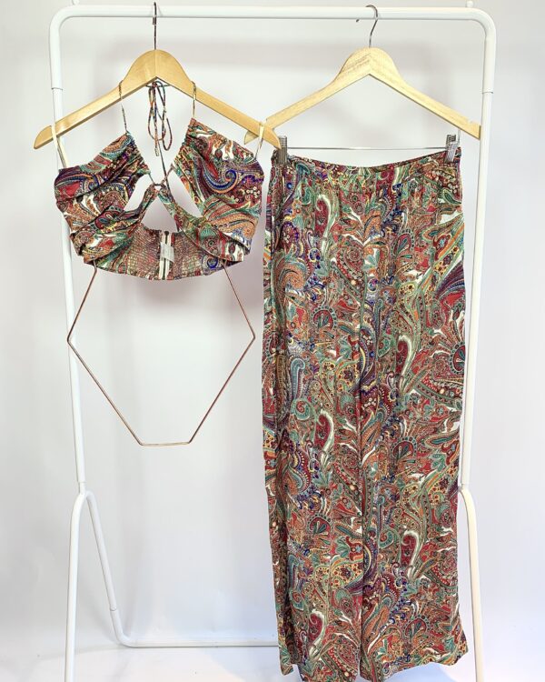 Conjunto calça e cropped seda amarração estampa paisley colorido NV - M