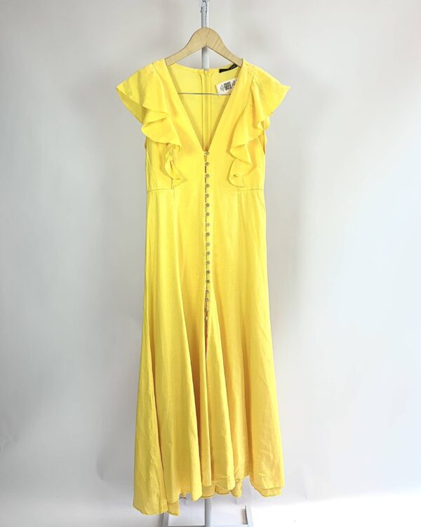 Vestido midi linho amarelo botões frente babado manga EVA - 38