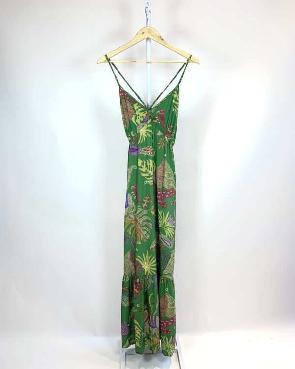 Vestido midi verde estampa bordado tropical alcinha trançada CANTÃO - M