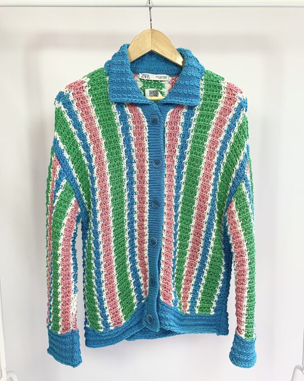 Cardigan tricot azul listras coloridas gola polo ZARA - P