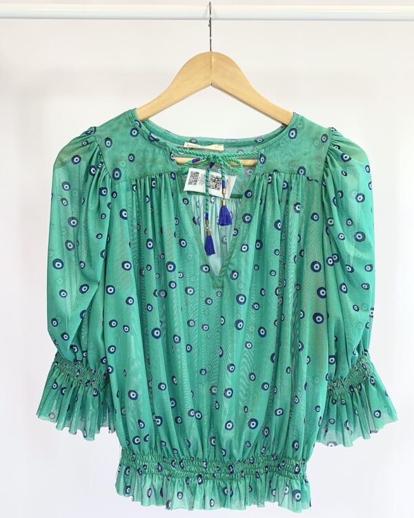 Camisa tule verde manga bufante estamp. olho grego DRESS TO - PP - VENDIDO SIST OTO
