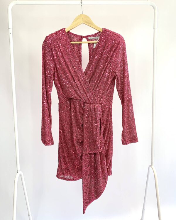 Vestido curto paetê rosa manga longa ombreiras AZ COLLECTION - P - vendido sistema oto