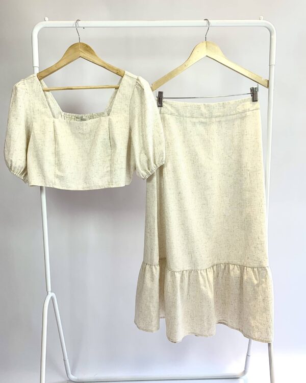 Conjunto saia midi e cropped linho cru BLEND - M - VENDIDO SISTEMA OTO