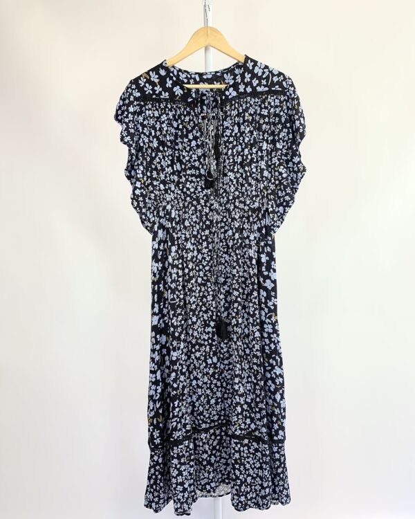 Vestido midi enrrugado preto estampa floral lavanda ANIMALE - 38