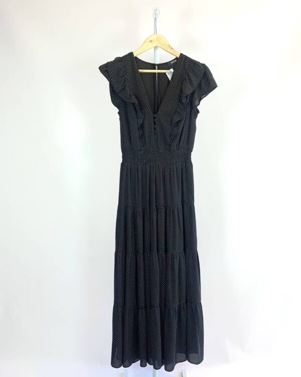 Vestido midi preto poá branco e babados alça AMÍSSIMA - PP