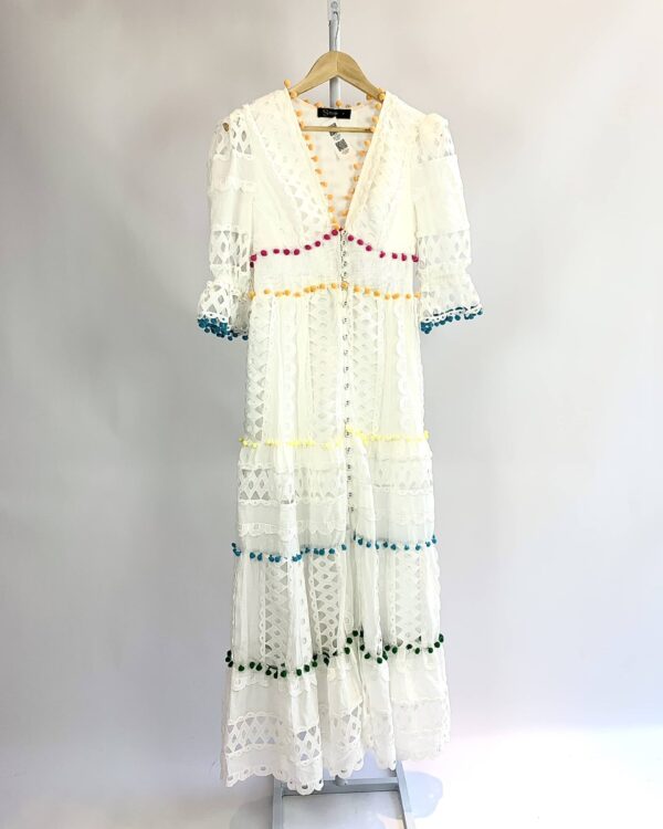 Vestido longo laise branco detalhes coloridos SKAZI - P