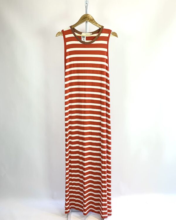 Vestido longo malha listras bege e vermelho gola canelada lurex ANIMALE - M