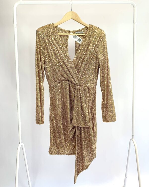 Vestido curto paetê dourado manga longa ombreiras AZ COLLECTION - M