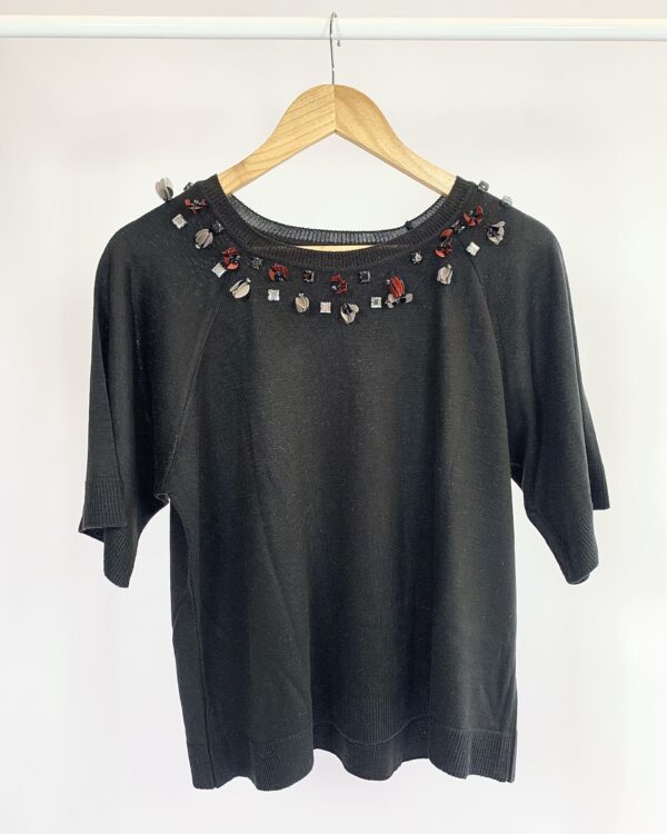 Blusa tricot preta bordado pedras na gola ANIMALE - M - VENDIDO SISTEMA OTO