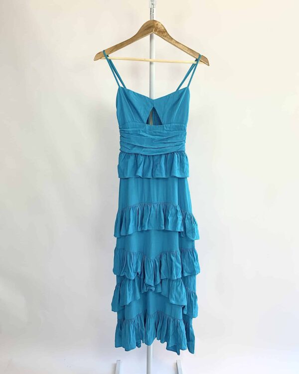Vestido longo azul alcinha recorte decote e babado saia CLAIRE - P - VENDIDO SIST OTO