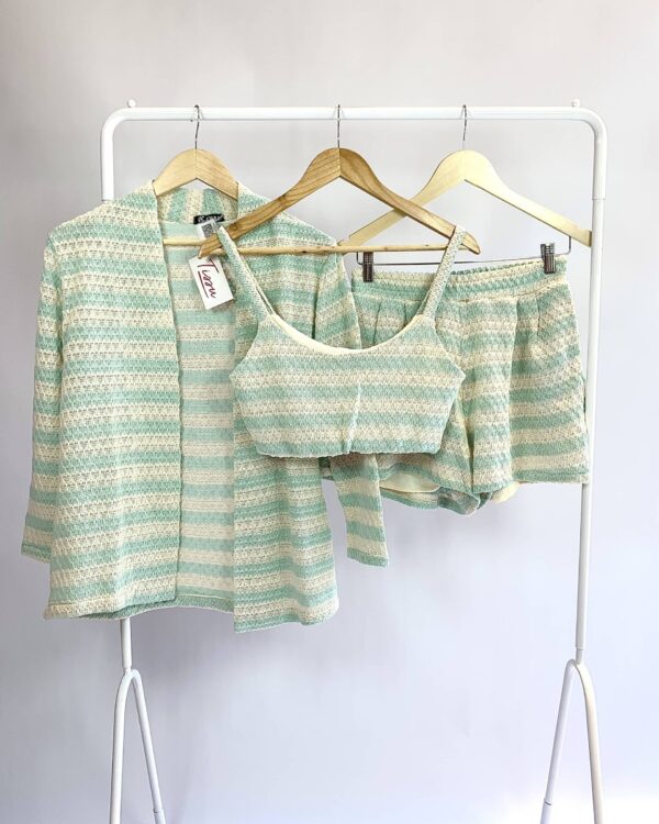 Trijunto short, cropped e kimono tricot listrado off e azul KLK STORE - M