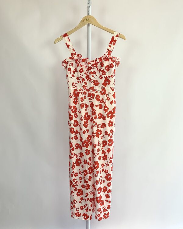 Vestido midi off alcinha estampa floral vermelha detalhe botões e fenda frente ZARA -P - VENDIDO SIST OTO