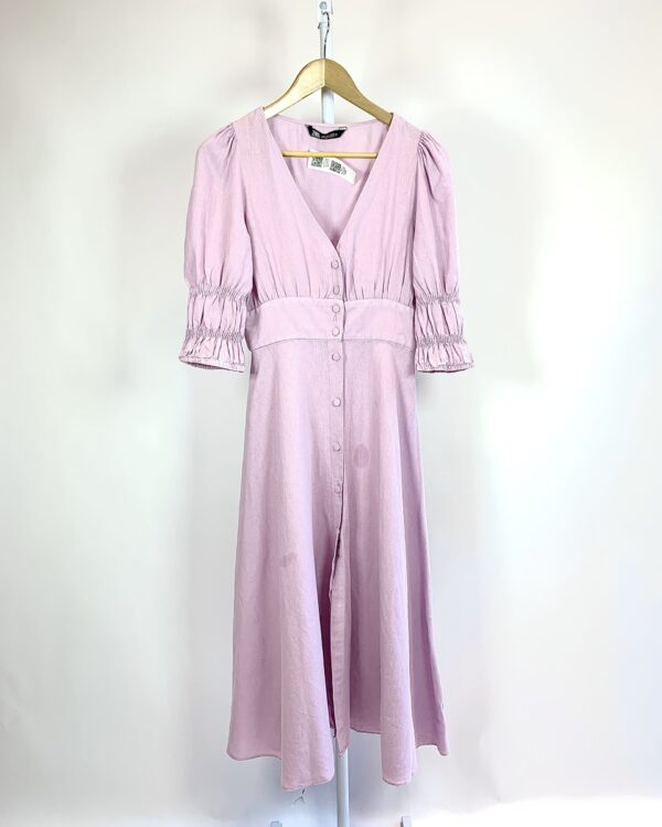 Vestido midi botões linho lilás manga bufante ZARA - P - VENDIDO SIST OTO