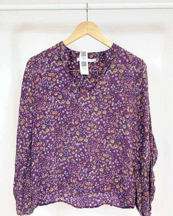 Blusa seda manga longa roxa estampa floral pequena ATEEN - 38 - VENDIDO SITEMA OTO