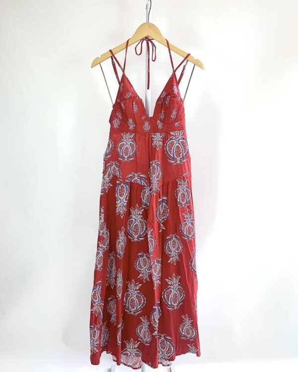 Vestido midi viscolinho vermelho estampa romã roxa *nunca usado* MARIA FILÓ - M