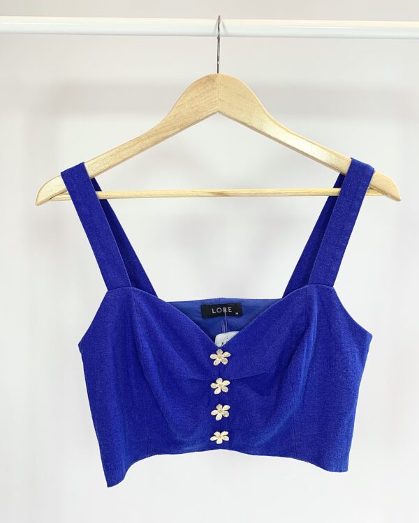 Cropped azul com aplicações em dourado LORE - M VENDIDO SISTEMA OTO