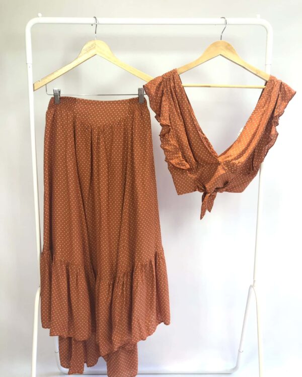 Cropped e saia midi terracota estampa poá FREE PEOPLE - M - VENDIDO SISTEMA OTO