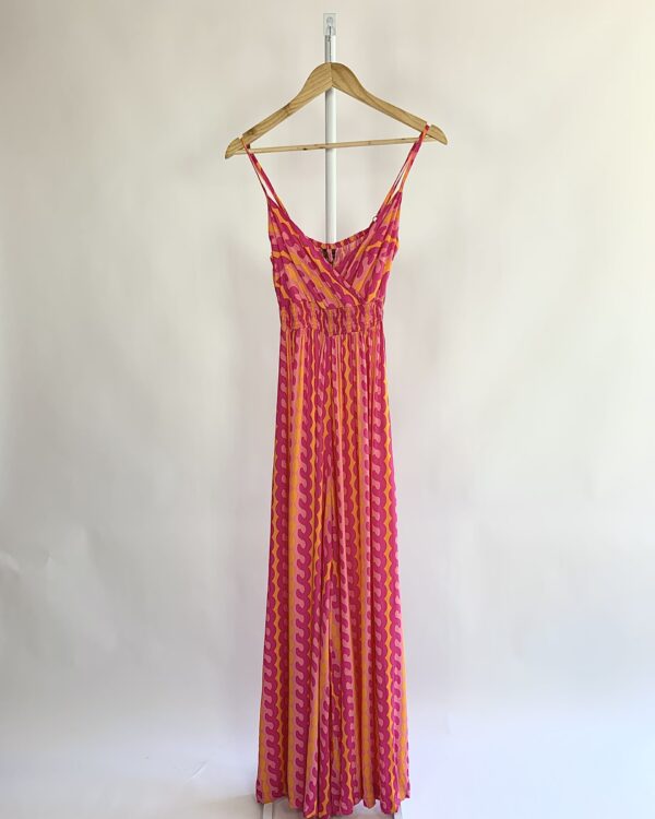 Macacão alça fina elástico na cintura estampa beje laranja e rosa TOTEM- PP