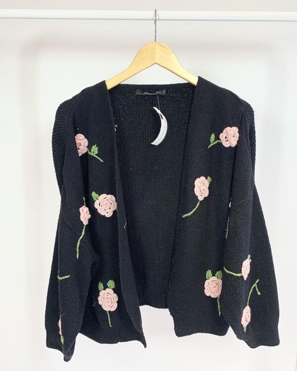 Cardigan preto flores rosas em bordado MIXED - P