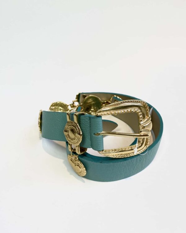 Cinto azul com detalhes dourados de coração - M - VENDIDO SIST OTO