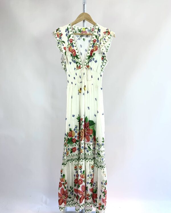 Vestido longo branco com estampa FARM - M - VENDIDO SIDT OTO