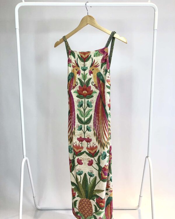 Vestido midi de malha bege com estamp colorida FARM - G - VENDIDO SIST OTO