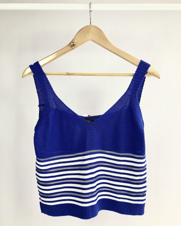 Blusa de tricot azul com listra branca e fios de lurex MARIA FILO - G - VENDIDO SISTEMA OTO