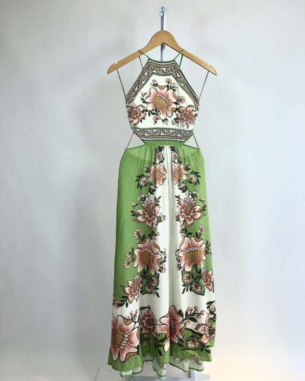 Vestido midi verde estampado amarração  nas costas FARM - P - VENDIDO SISTEMA OTTO