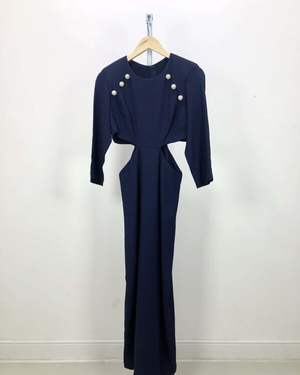 Vestido longo azul marinho recorte na cintura e detalhe pérolas IORANE - 40 *nunca usado*