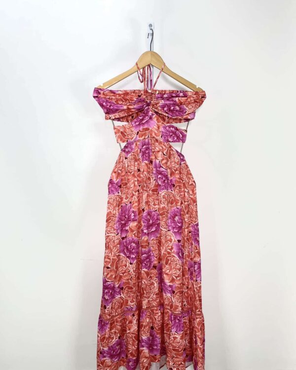 Vestido longo recortado estampa flor rosa e laranja PEQUIA - G - VENDIDO SISTEMA OTO