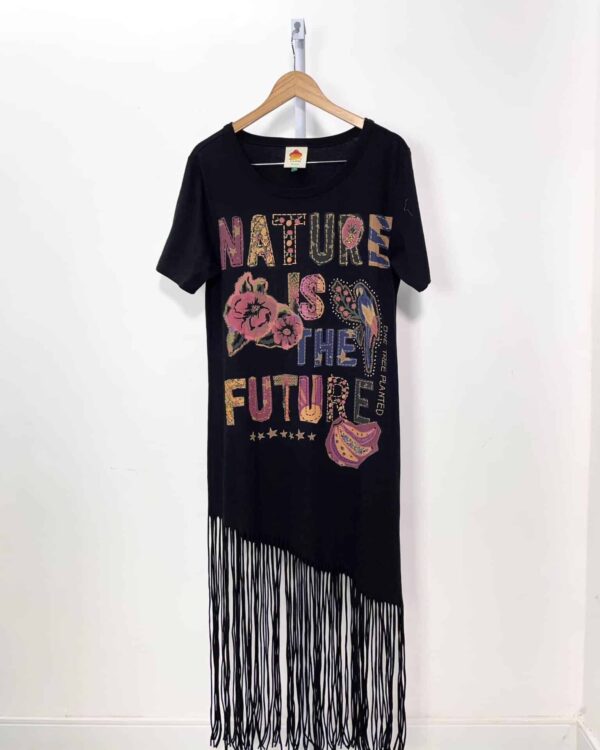 Vestido preto com estamp e franjas na barra FARM GLOBAL - P - VENDIDO SISTEMA OTO